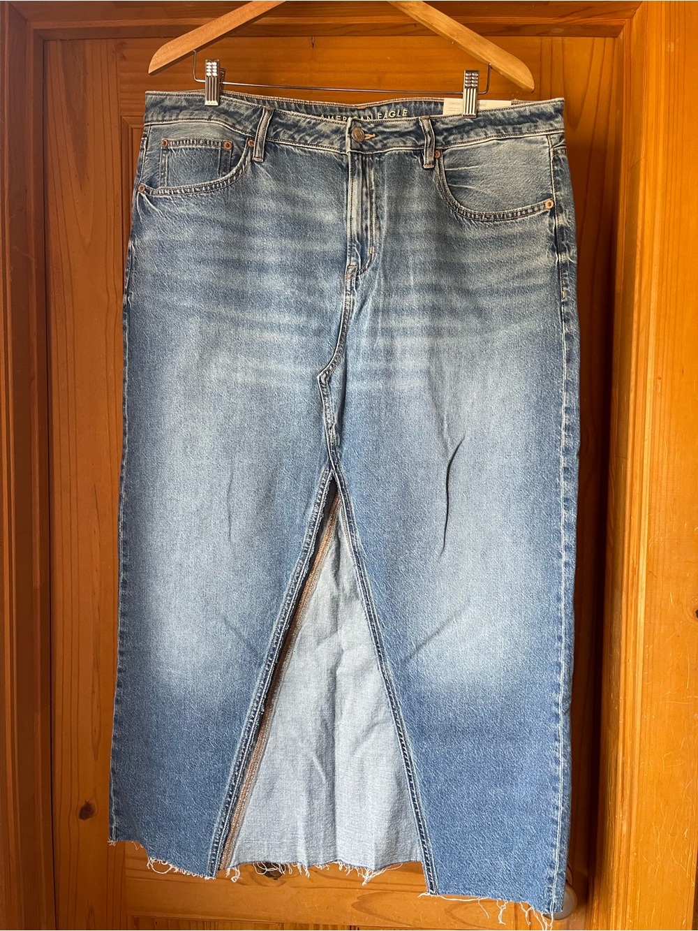 American Eagle Outfitters Light Blue Denim Maxi Skirt with Front Slit